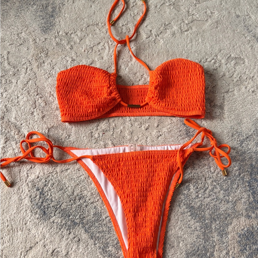 SHEIN Orange Smocked Bandeau Tie-Side Bikini